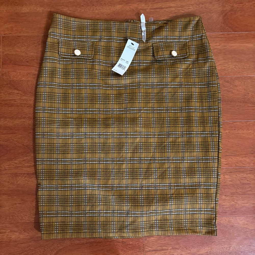 NY Collection Brown Plaid Pencil Skirt